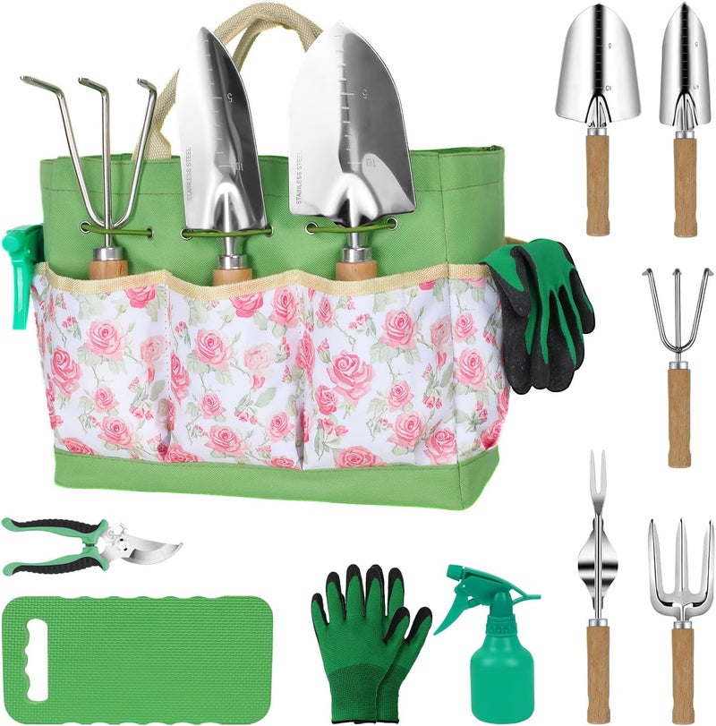 LeMotech Garden Tools Set, 10-Piece Heavy Duty Garden Hand Tools Kit with Wooden Handle, Durable Organizer Bag for Garden Supplies, Gardening Gifts for Women Grandmother, Pink Floral Pattern - Image 1